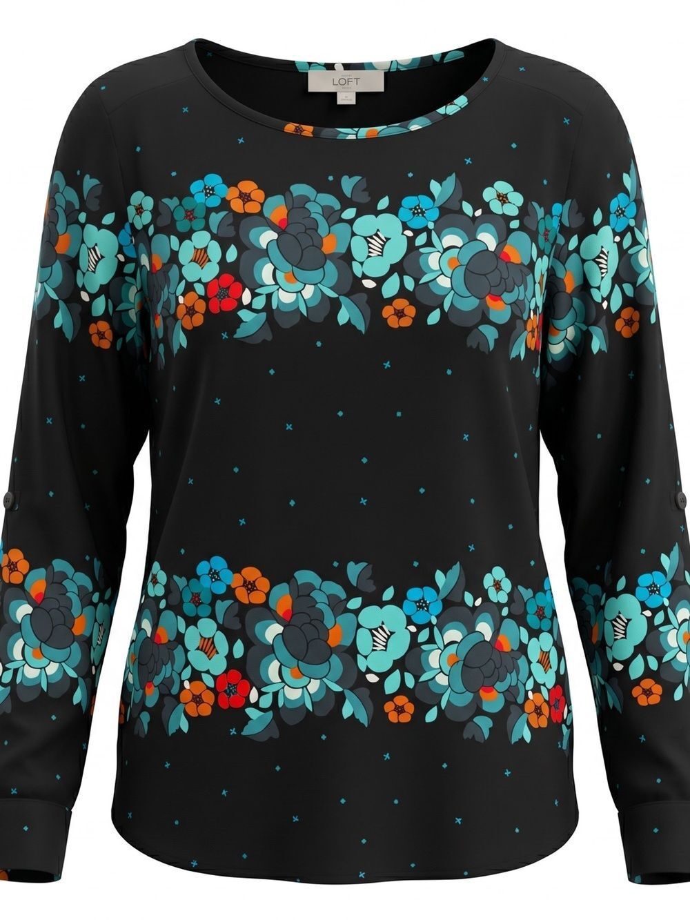 LOFT Floral Print Long Sleeve Blouse Navy Blue Aqua and Orange XL